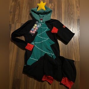 Tipsy Elves ugly Christmas tree toss jumpsuit onesie - velcro sticky ball game